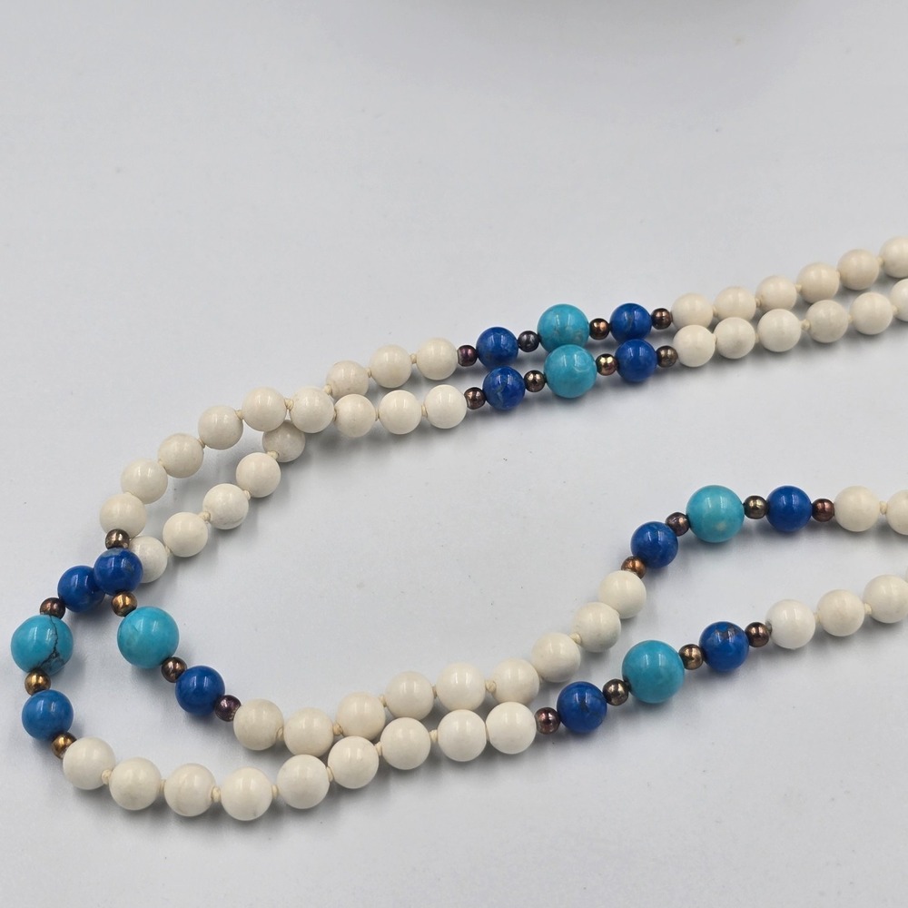 Vintage Beaded Necklace Turquoise Lapis Lazuli Natural White Hetian Nephrite - Picture 7 of 12